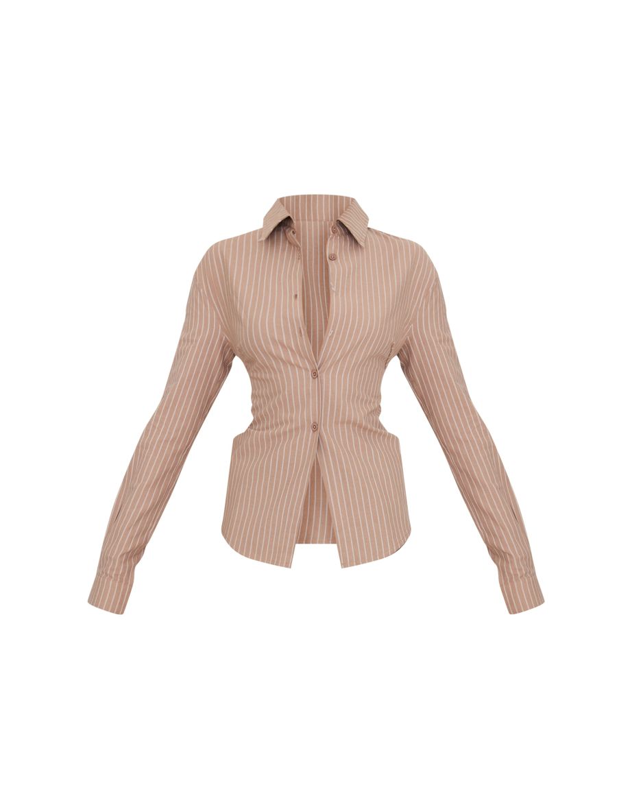 Taupe Striped Fitted Open Tie Back Shirt - 4