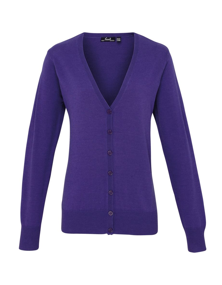 Premier Womens/Ladies Button Through Long Sleeve V-neck Knitted Cardigan - Purple