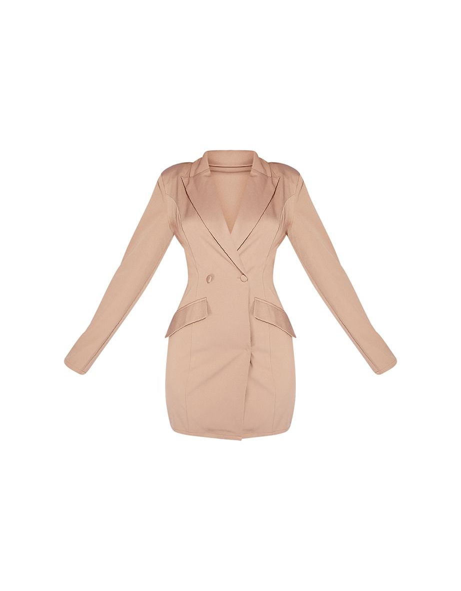 Taupe Long Sleeve Pinched Waist Button Detail Blazer Dress - 4