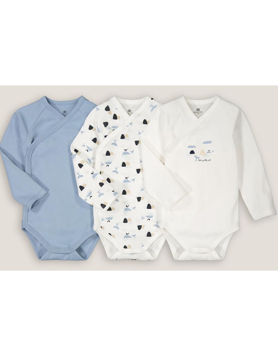 Pack of 3 Newborn Bodysuits in Organic Cotton with Long Sleeves