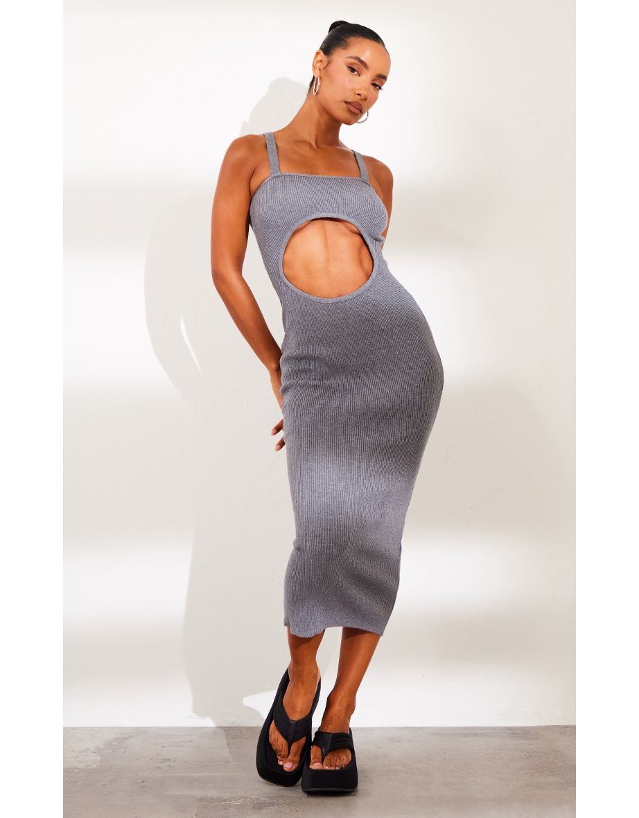 Charcoal Grey Front Cut Out Soft Rib Maxi Dress