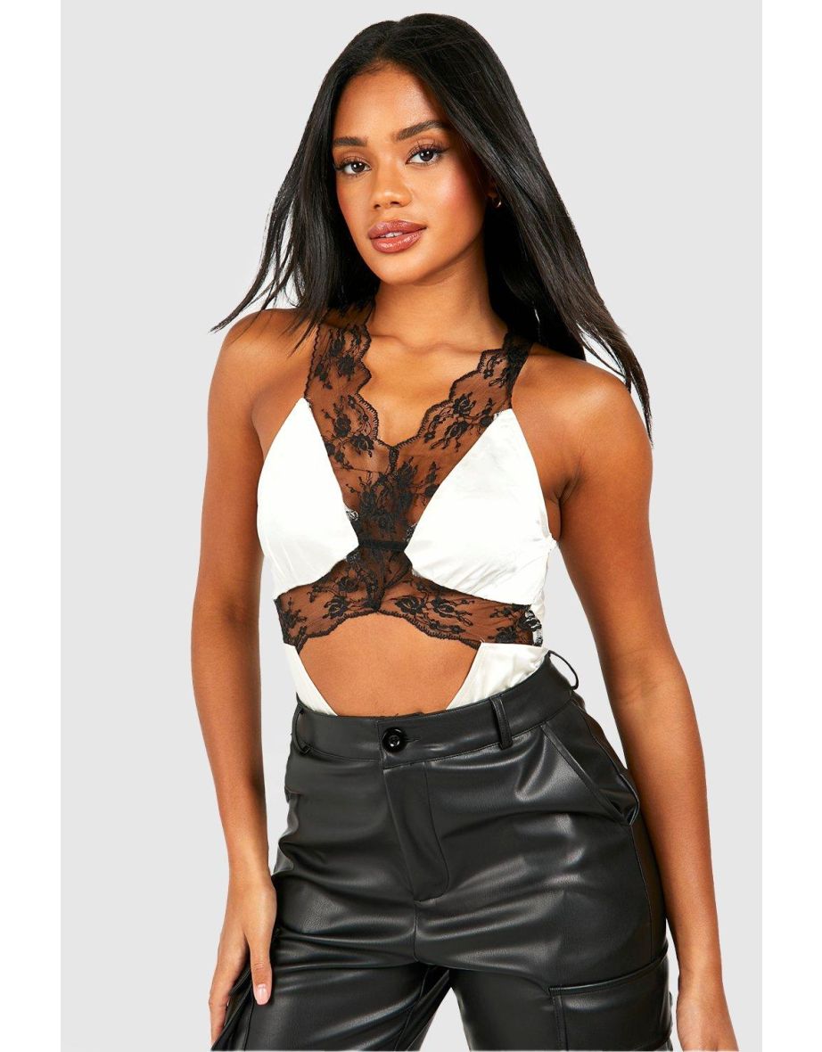 Lace Trim Satin Bodysuit