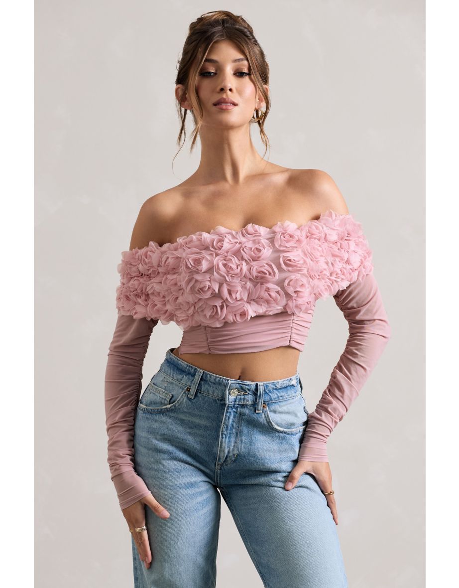 Libbie | Pink Mesh Floral Bardot Top