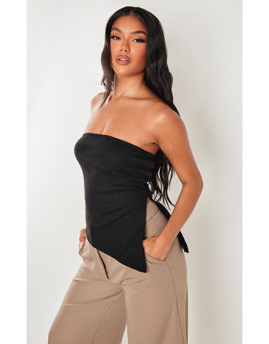 Black Brushed Rib Bandeau Asymmetric Hem Long Top