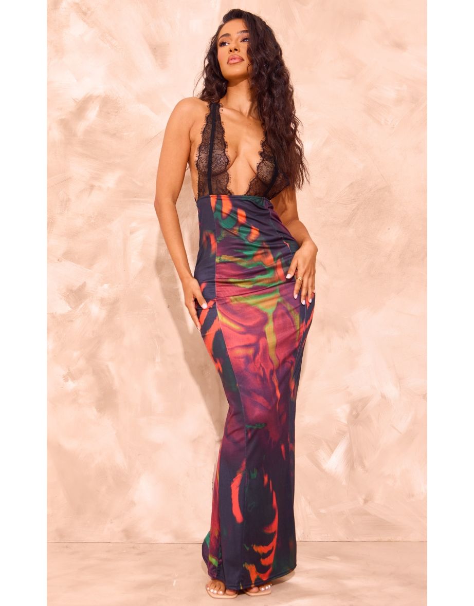 Petite Tiger Print Lace Bust Detail Floral Maxi Dress