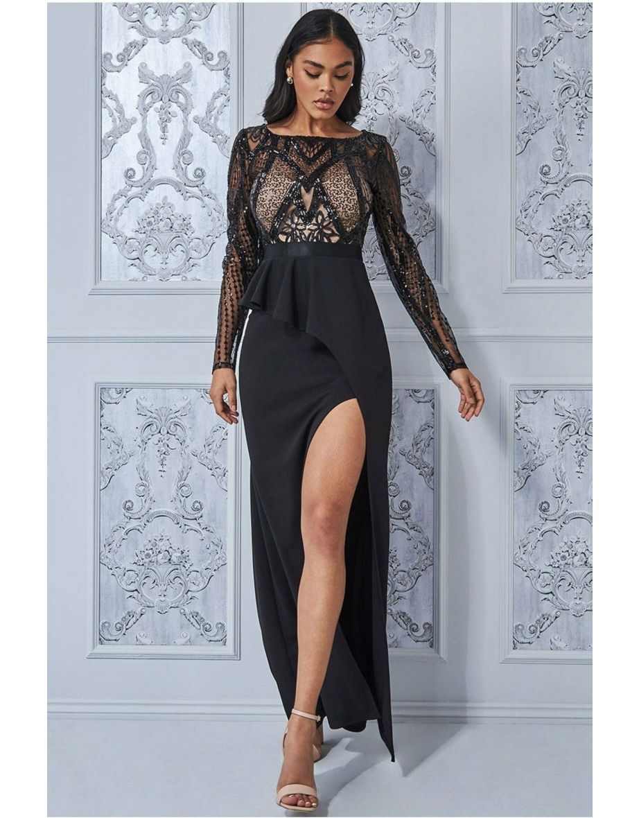 Goddiva Sequin Bodice With Front Frill Maxi - Black