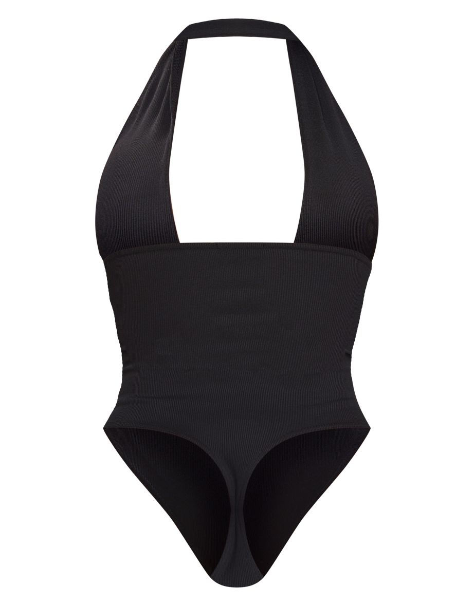 Shape Black Ribbed Halterneck Plunge Bodysuit - 3