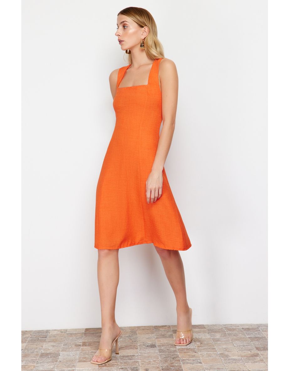 Shop Orange Square Neck Woven Dress Online in Oman VogaCloset