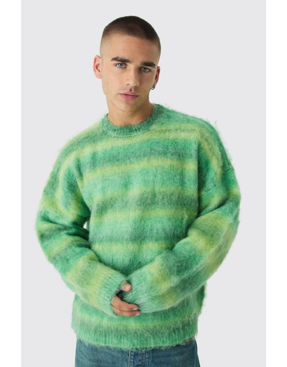 Oversized Boxy Brushed Ombre Stripe Knitted Jumper - green