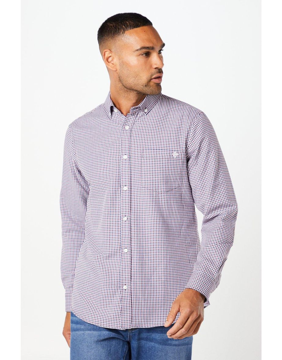 Gingham Check Long Sleeve Shirt - burgundy