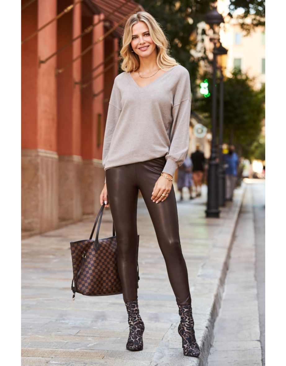 Taupe V Neck Fine Knit Jumper