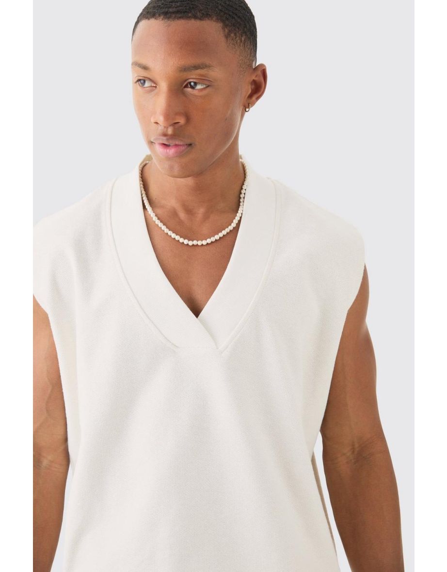 V Neck Reverse Loopback Sweater Vest - ecru - 2