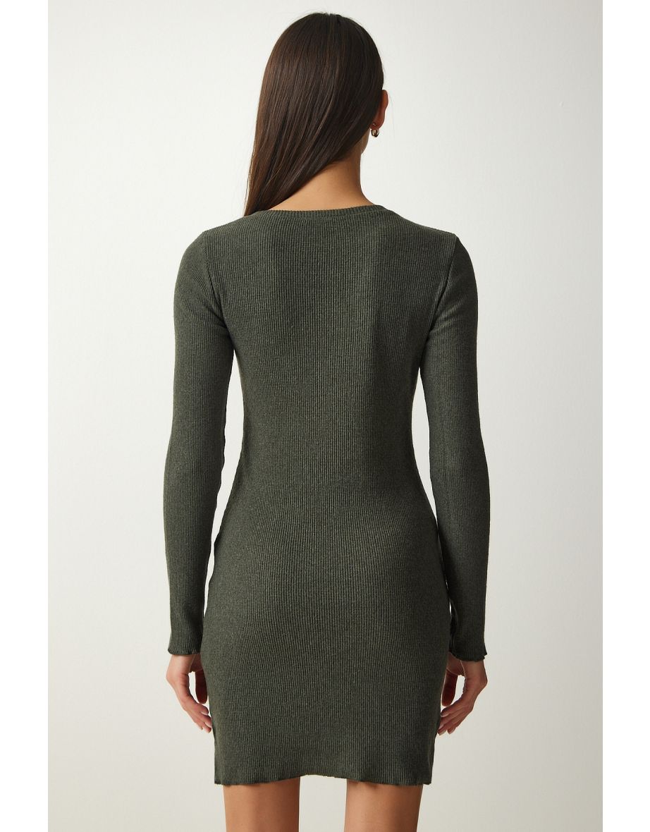 Women's Khaki Mini Slit Corduroy Knitted Dress - 4