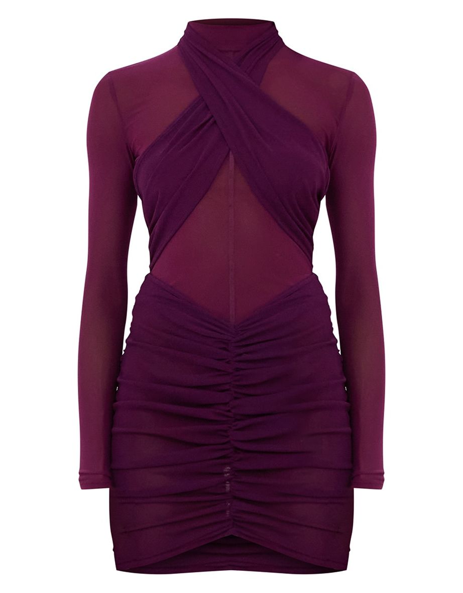 Designed by Naomi Campbell - Plum Mesh Bodysuit Cross Front Ruched Bodycon Dress - 3