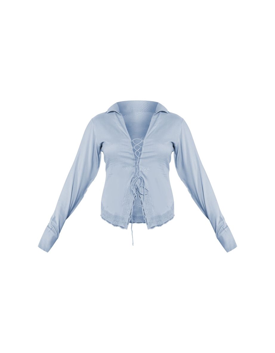 Blue Grey Lace Trim Lace Up Shirt - 4