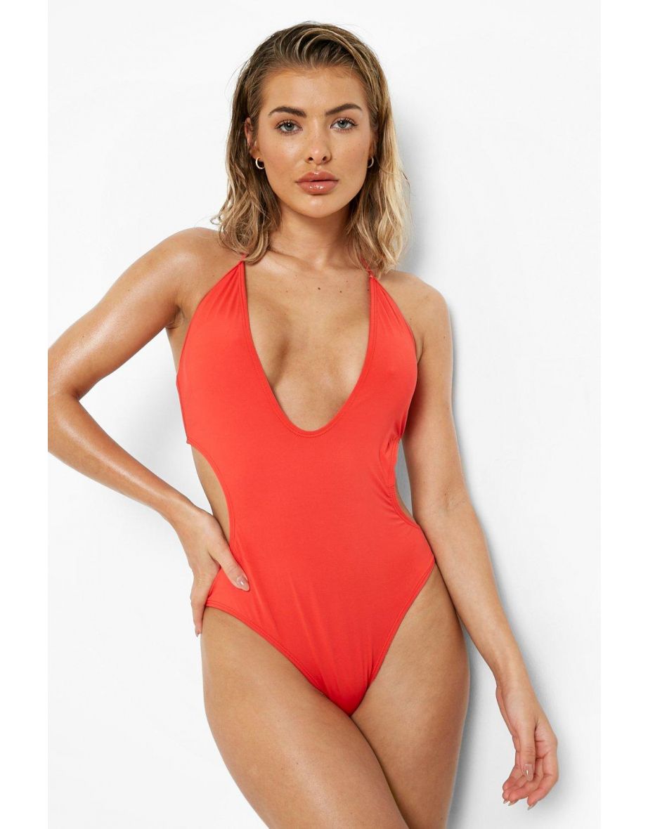 Deep Plunge Cut Out Recycled Swimsuit - red