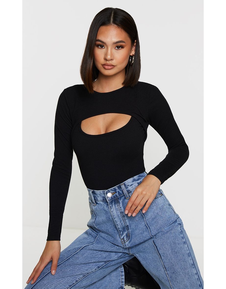 Black Rib Arm Warmer Cut Out Detail Bodysuit