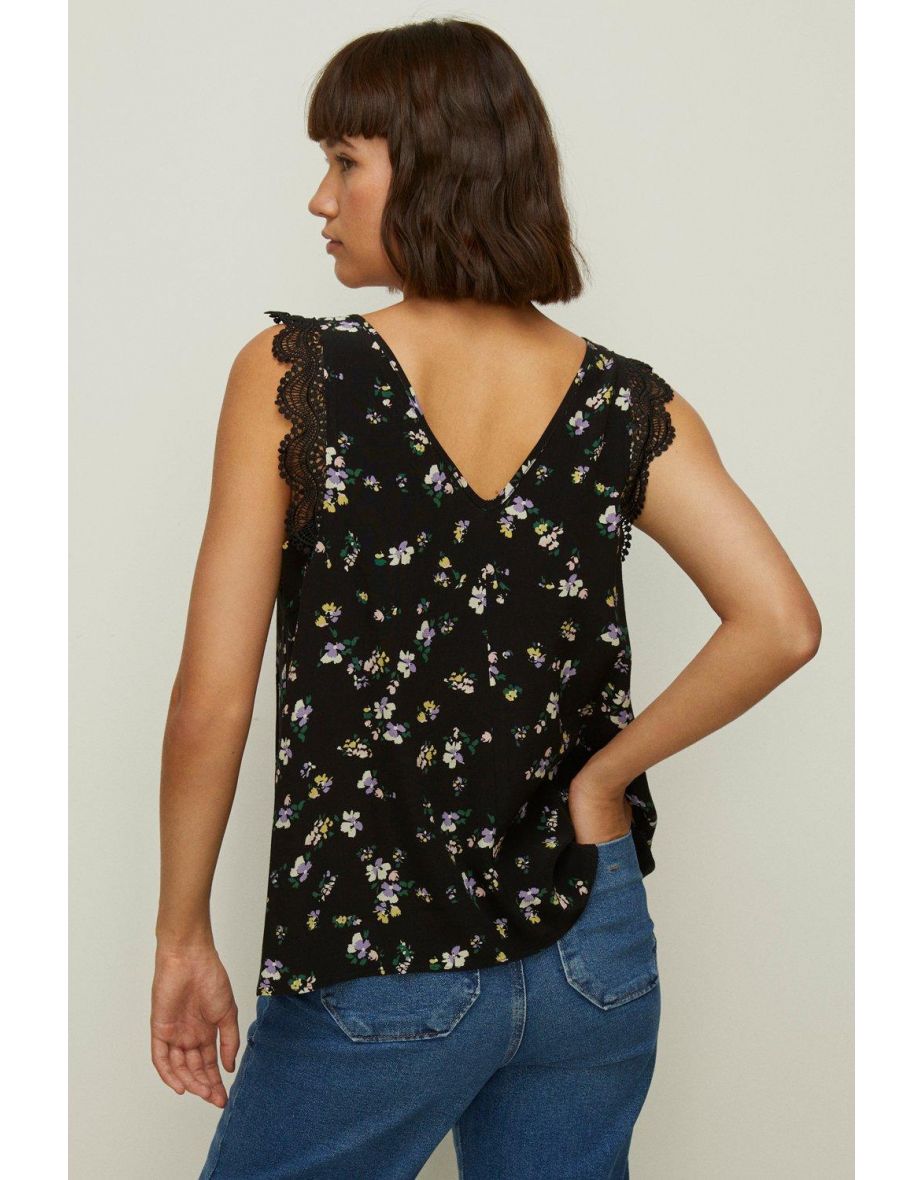 Lace Trim Black Ditsy Vest - 2