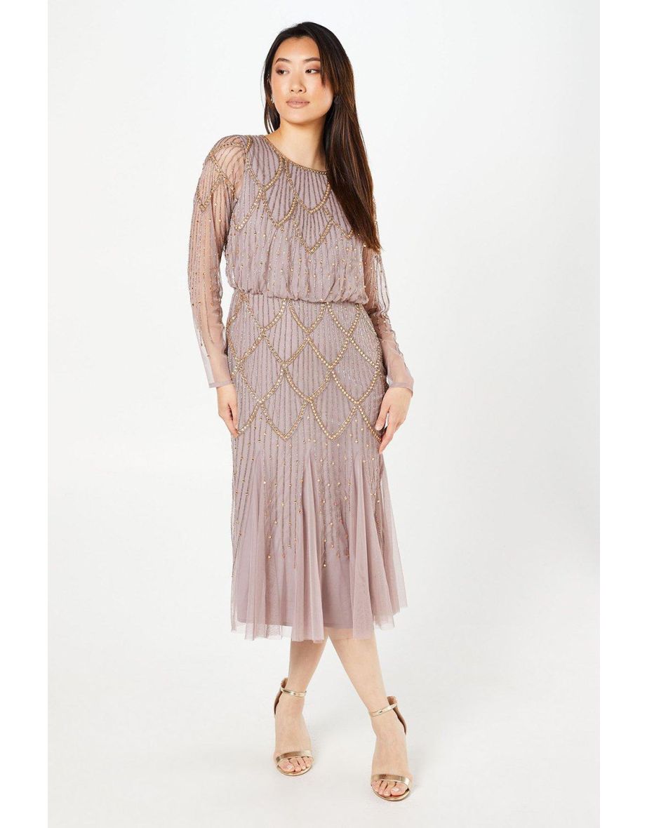 Hand Embellished Chandelier Sequin Midi Dress
