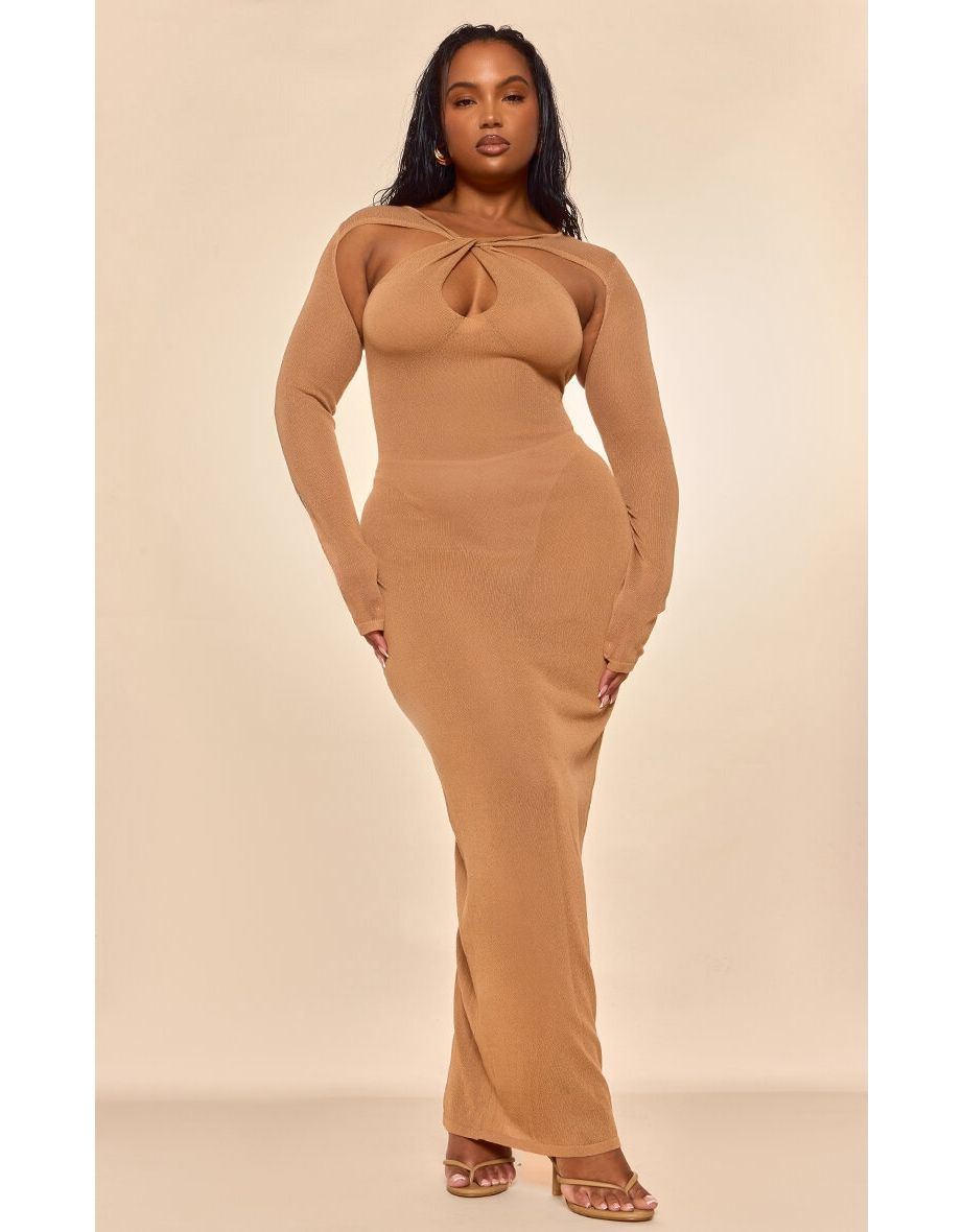 PLT Label Plus Tan Knitted Twist Detail Maxi Dress