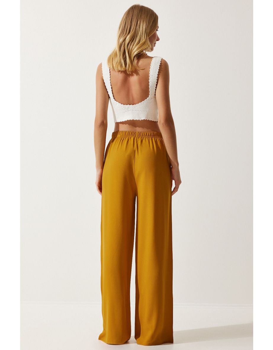 Women's Mustard Flowy Knitted Palazzo Trousers - 5