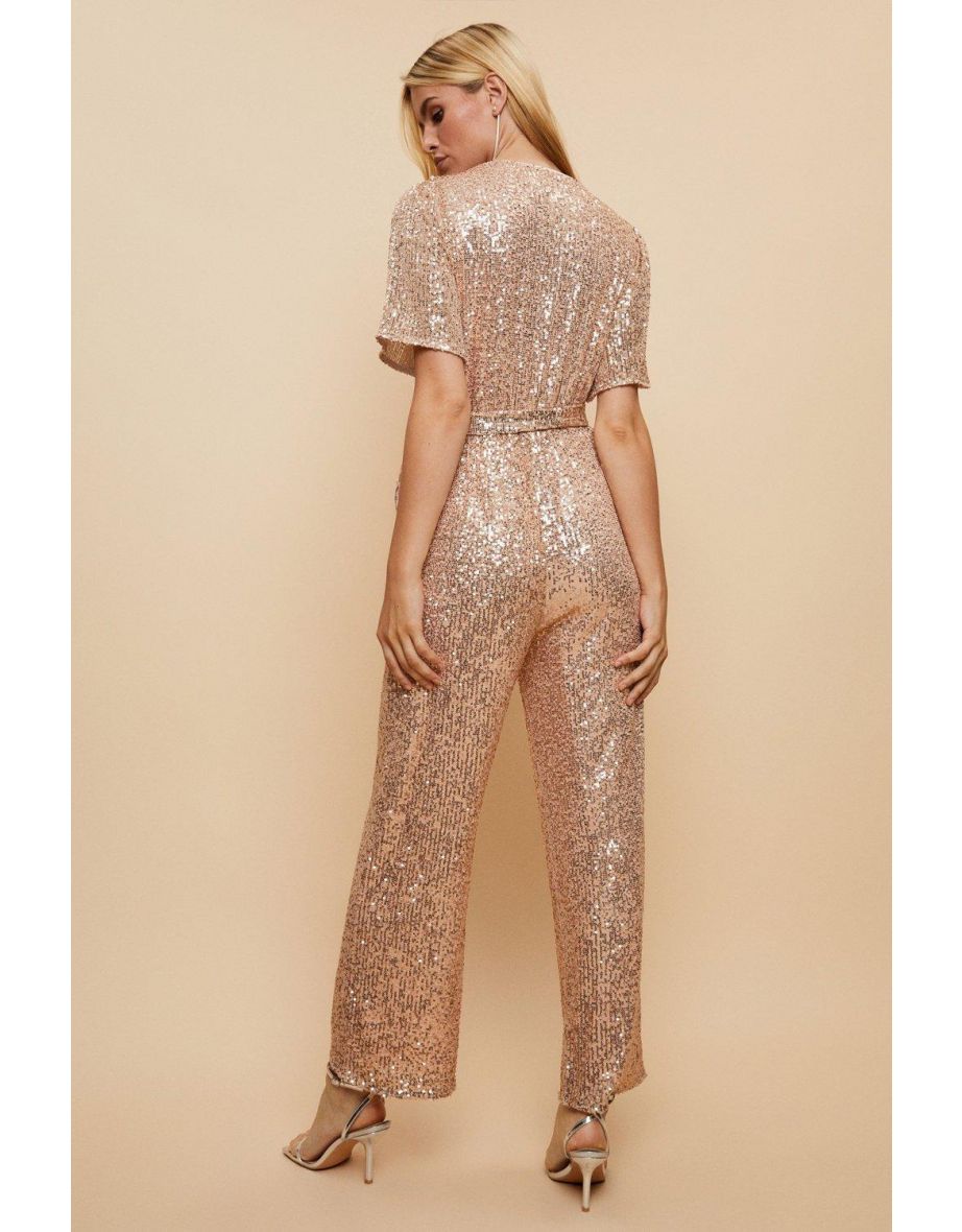 Petite Rose Gold Sequin Belted Jumpsuit - 2