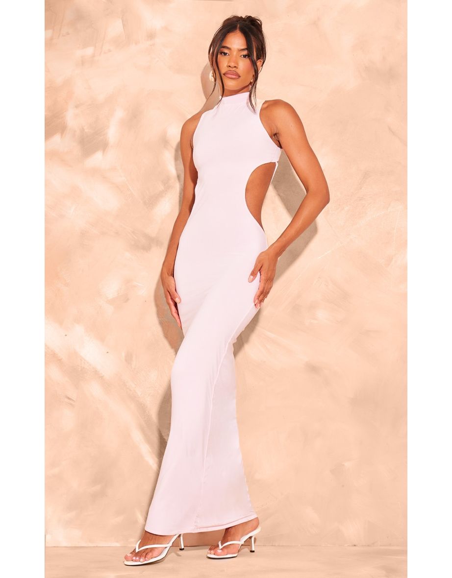 Baby Pink Slinky Extreme Cross Back Trim Detail Maxi Dress