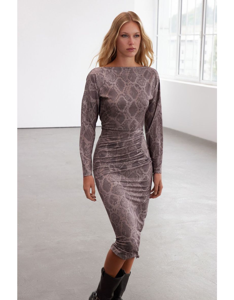 Limited Edition Printed Draped Fitted Boat Neck Flexible Maxi Knit Dress