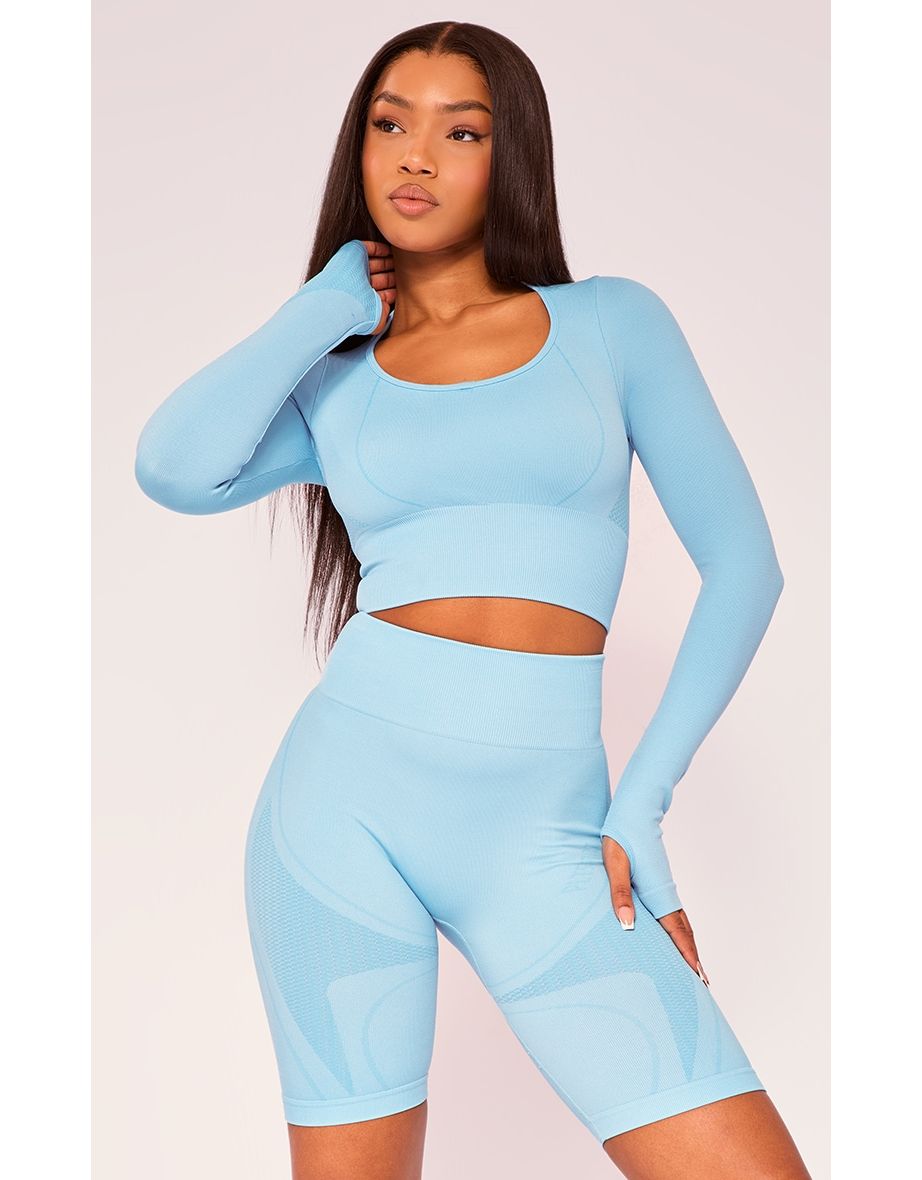 PLT SPORT Bright Blue Seamless Contrast Detail Long Sleeve Crop Top