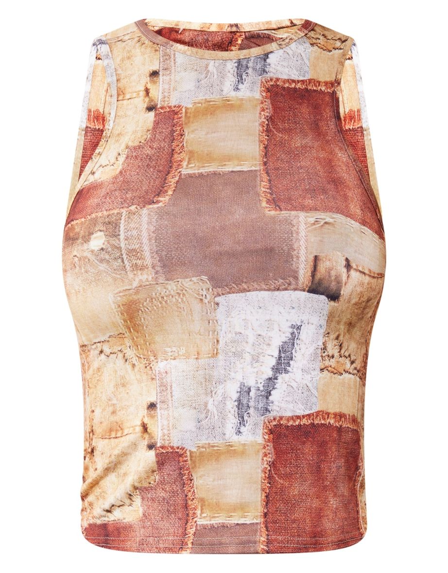 Brown Denim Print Slinky Racer Top - 4