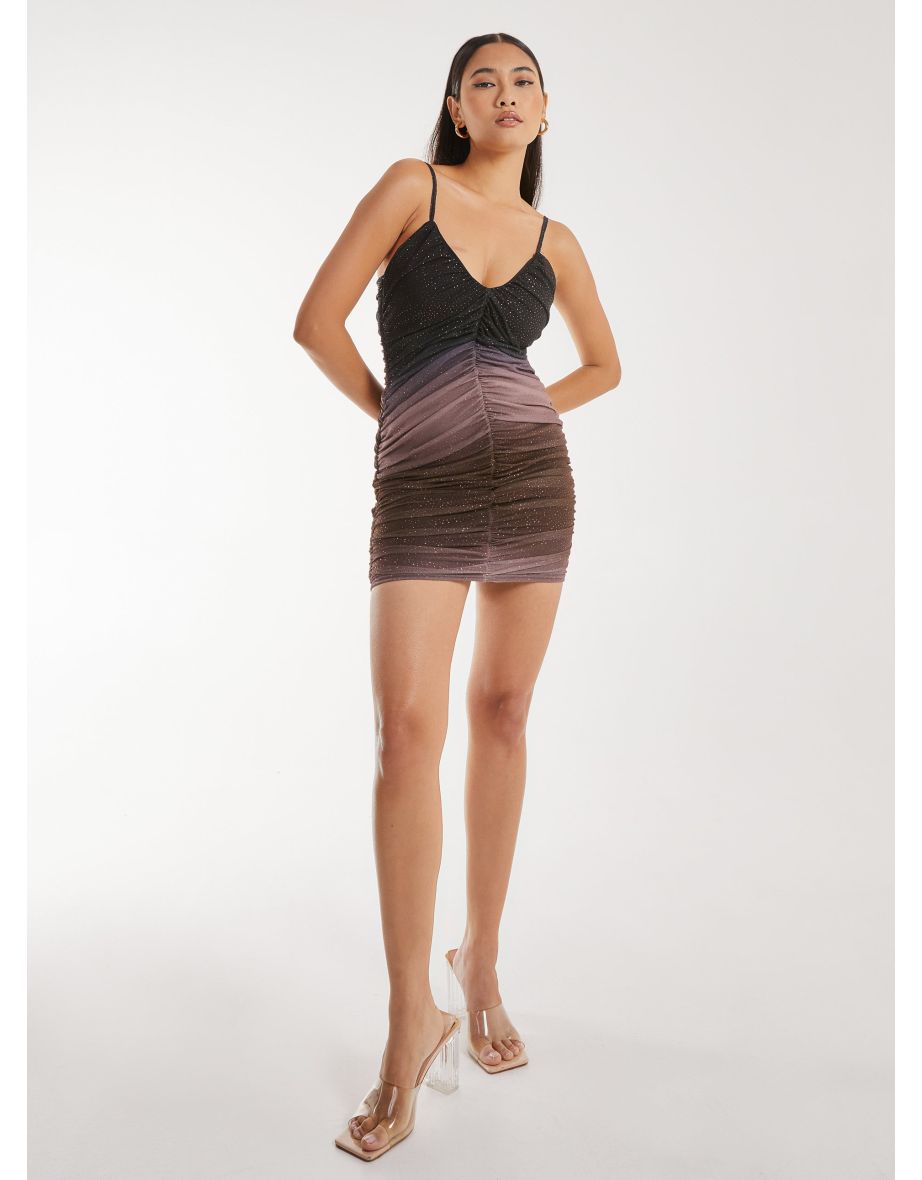 Strappy Ruched Sparkle Ombre Mini Dress