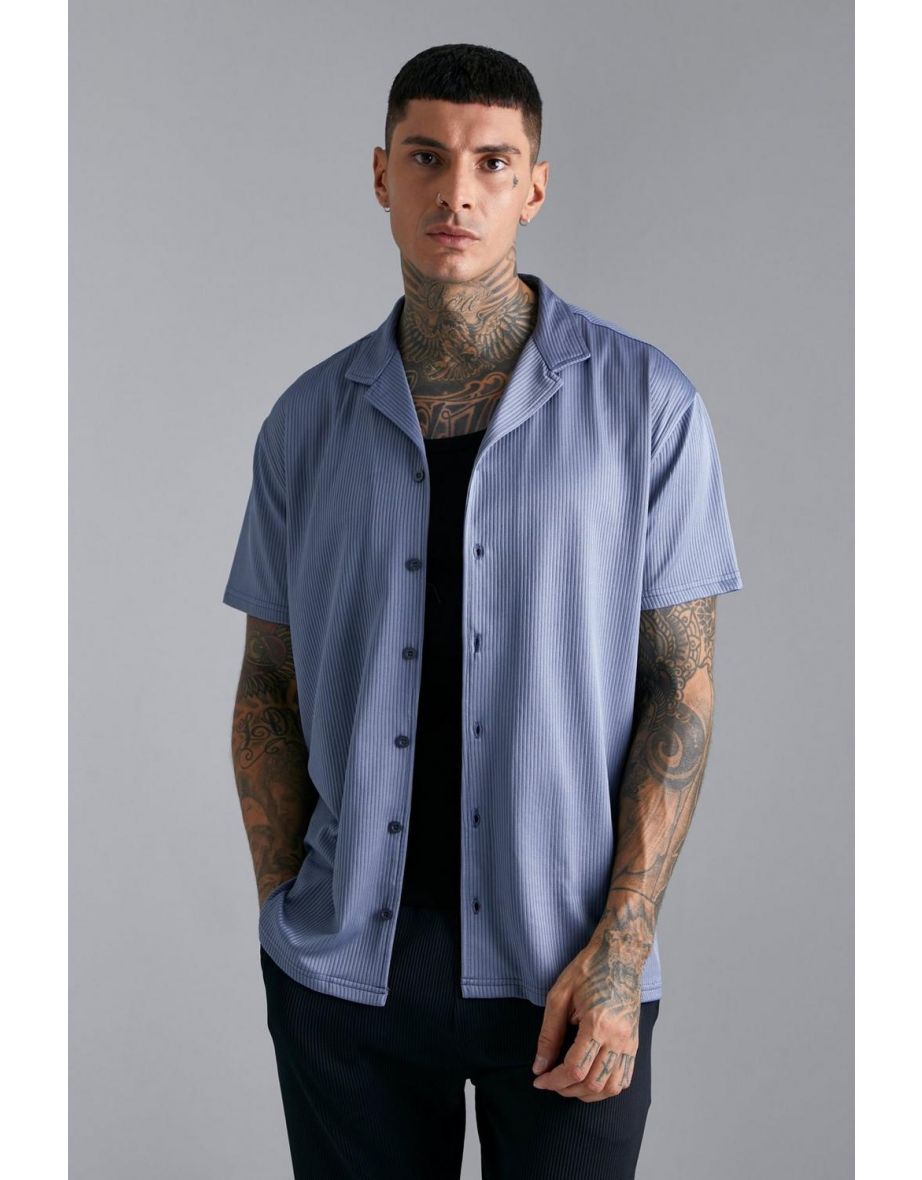 Short Sleeve Oversized Revere Ribbed Shirt - slate blue