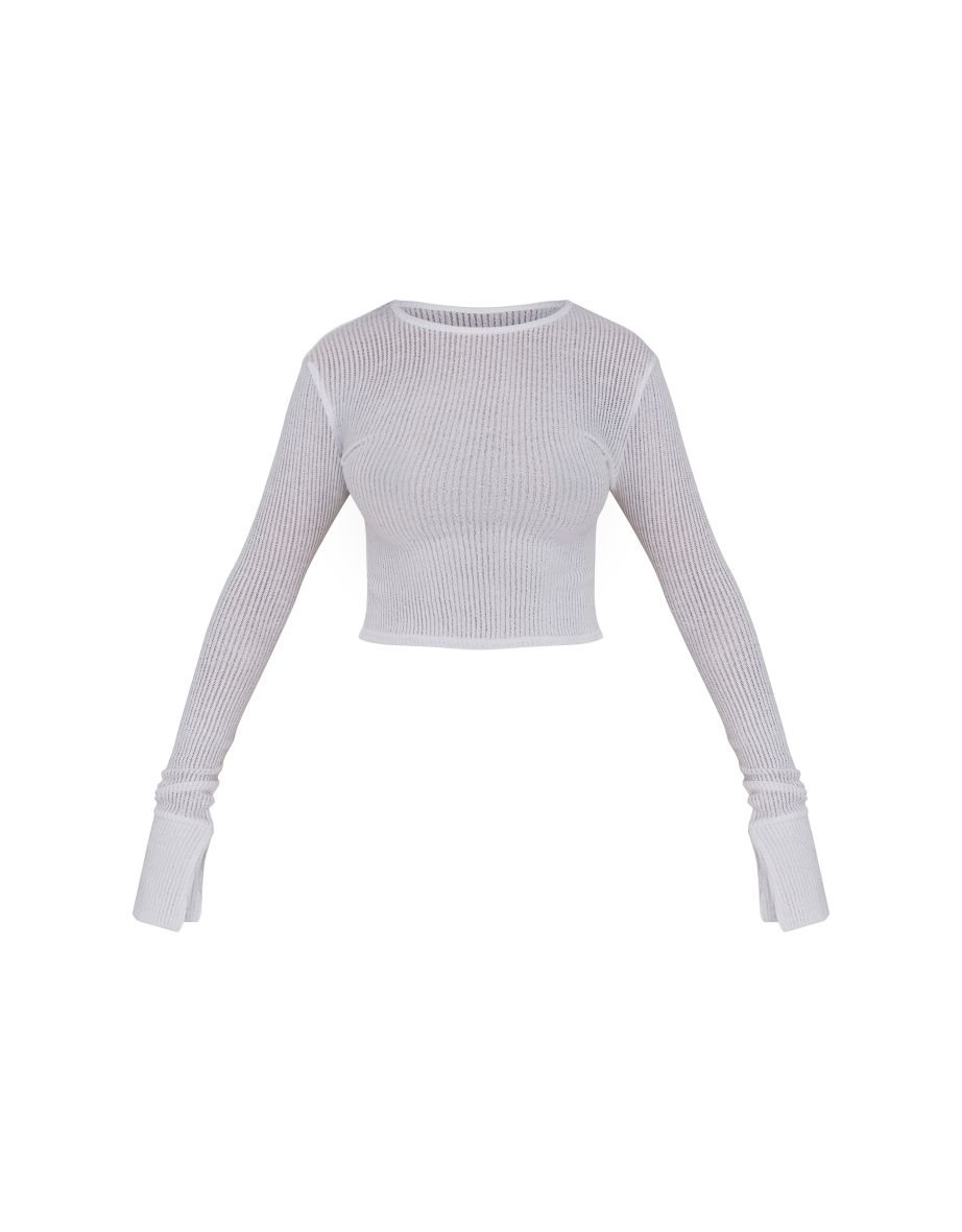 Cream Sheer Soft Rib Longline Flared Sleeve Top - 4