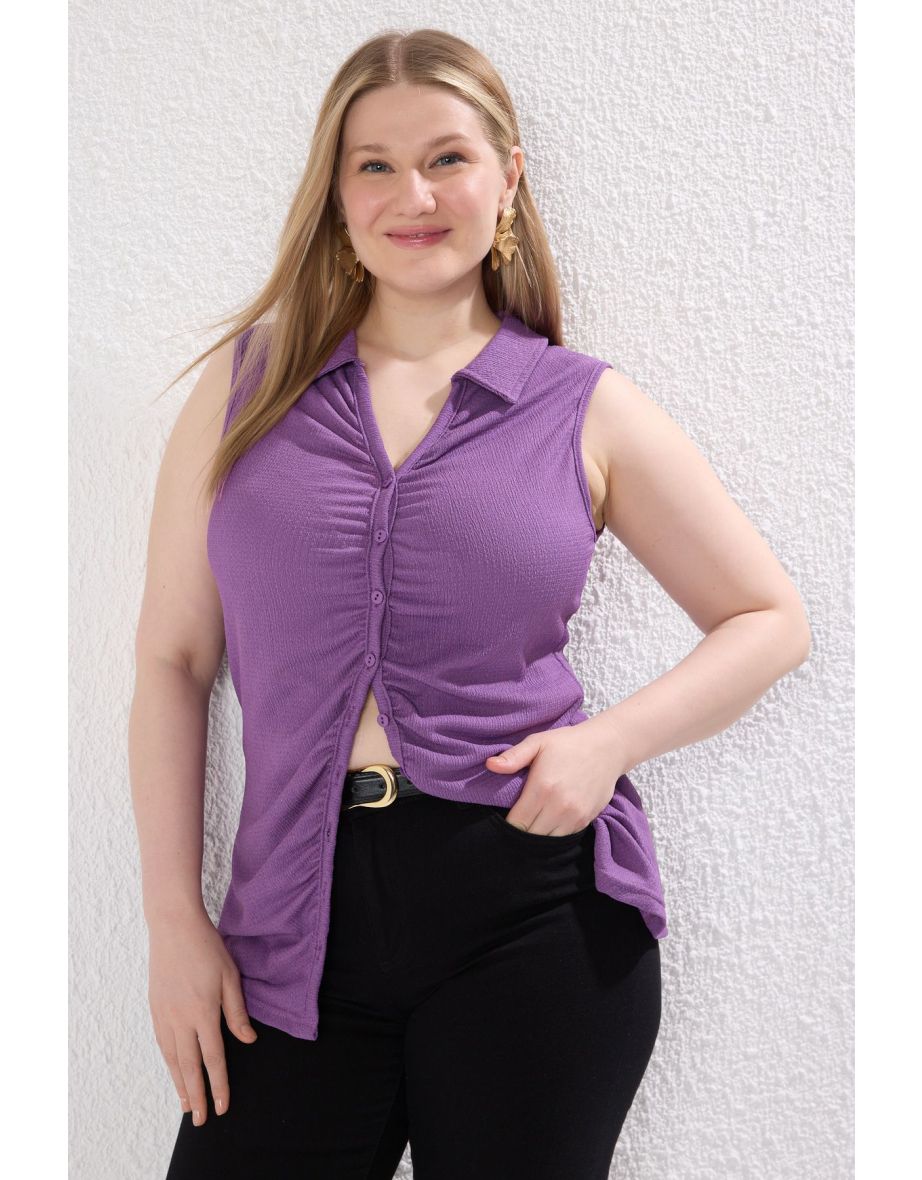 Purple Shirt Collar Pleated Knitted Plus Size Blouse