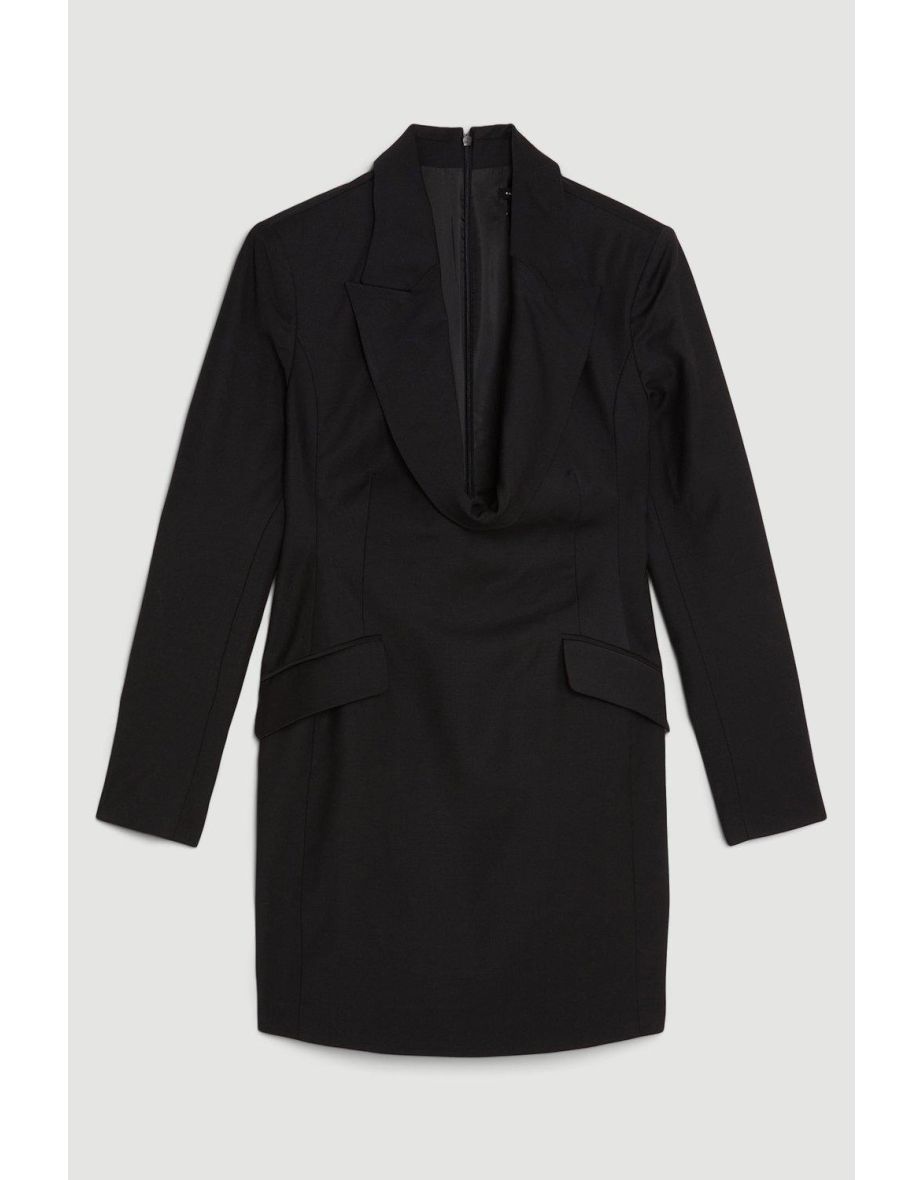 Wool Blend Curved Neckline Tailored Blazer Dress - 3