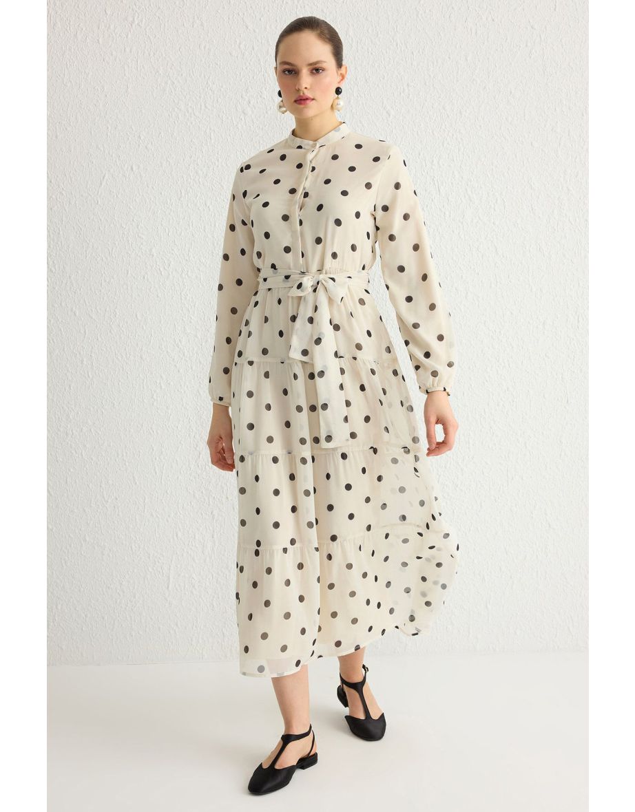 Light Beige Patterned Belted Stand Collar Lined Chiffon Woven Dress