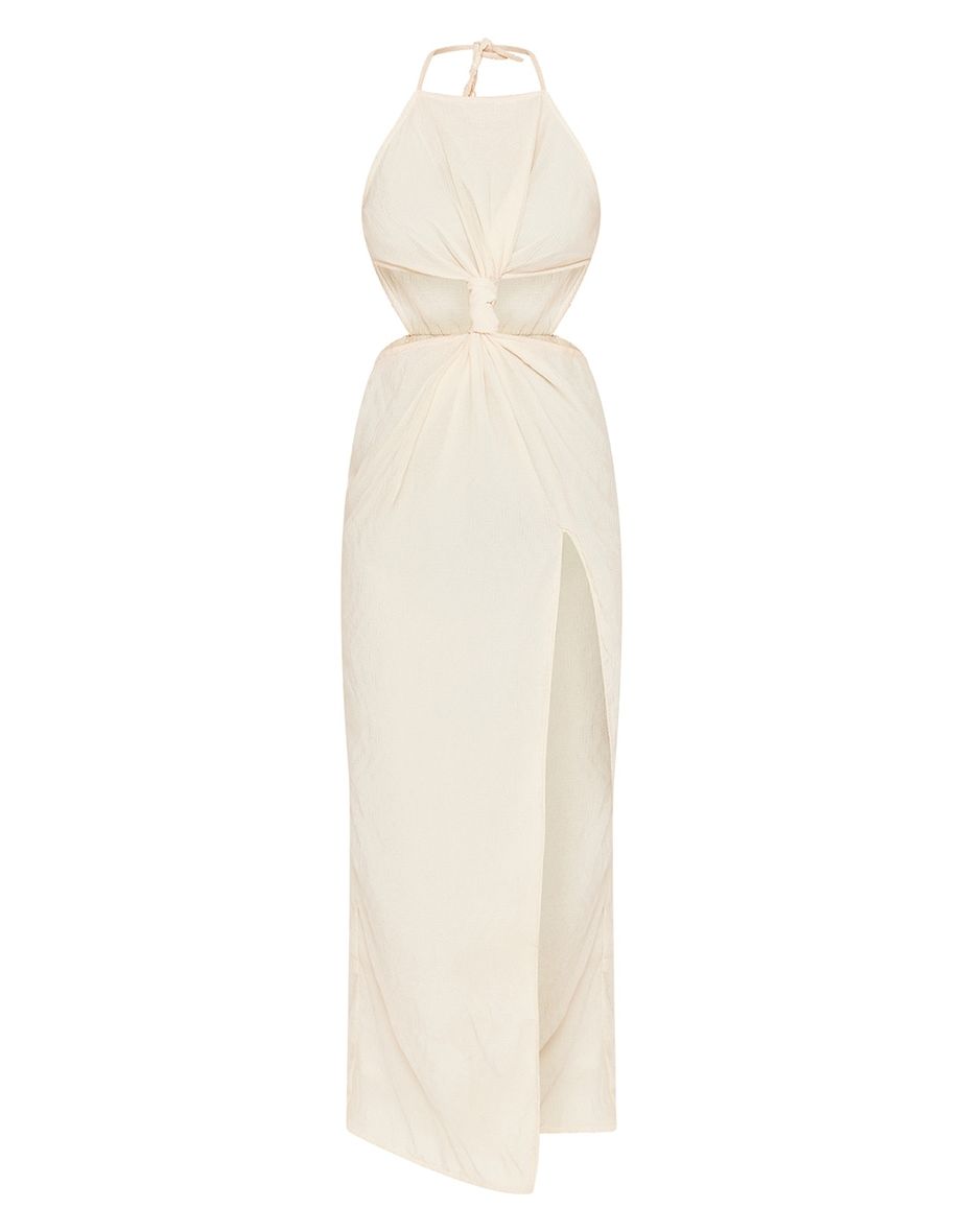 Cream Plisse Textured Twist Front Cut Out Maxi Dress - 2