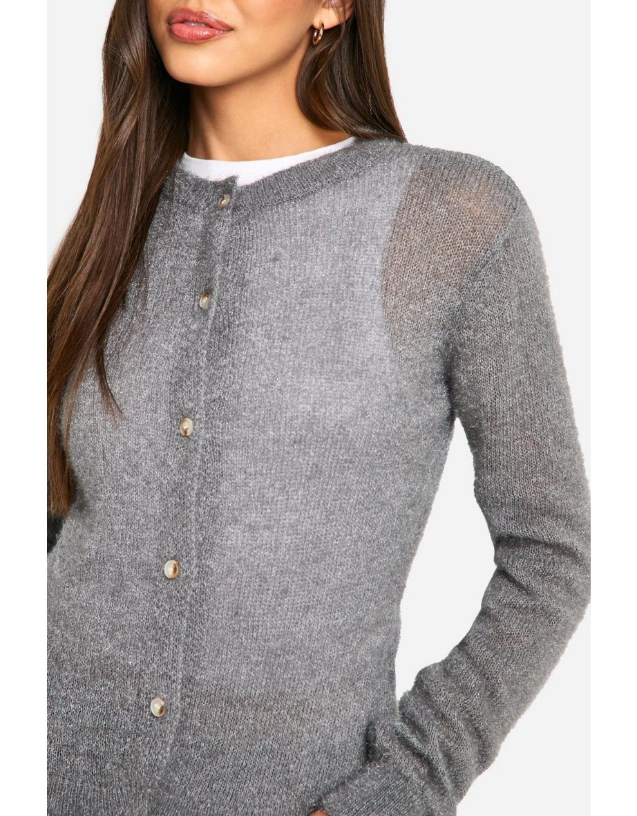 Fluffy Knit Button Cardigan - grey - 3