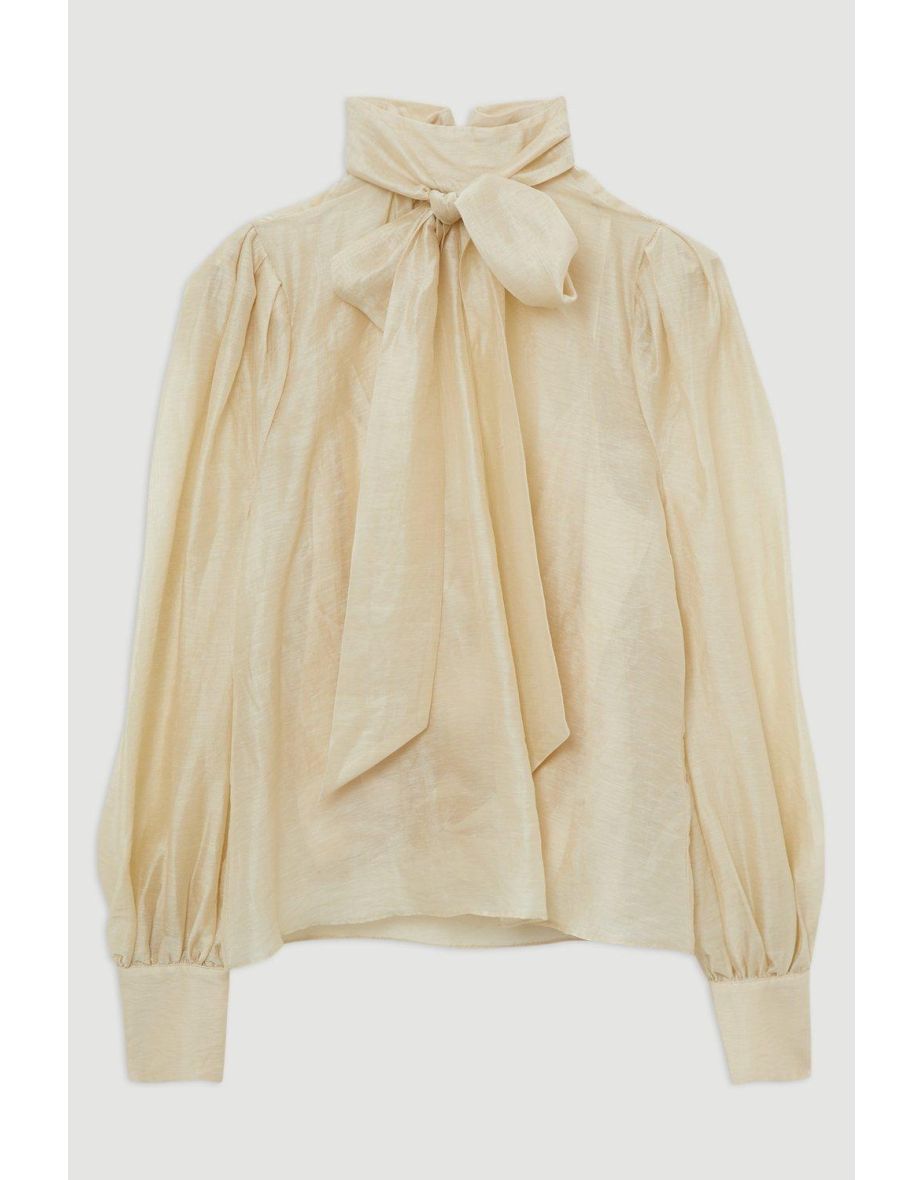 Linen Blend Organdie Woven Bow Blouse - 3