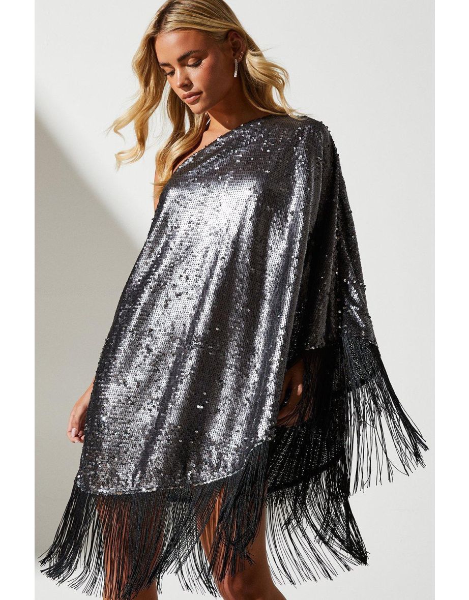 Petite One Shoulder Sequin Midi Dress With Fringe - 3