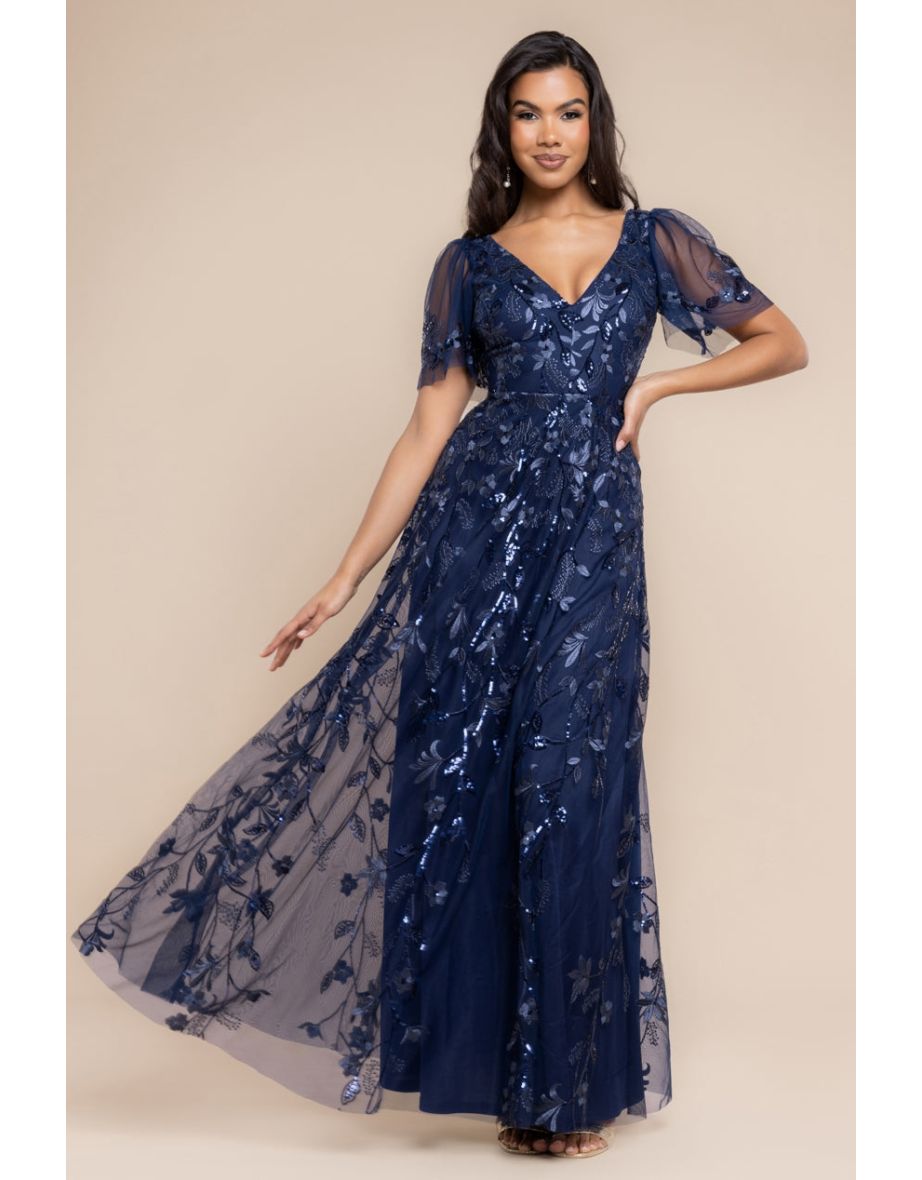 Goddiva Flared Sleeve Embroidered Maxi Dress - Navy