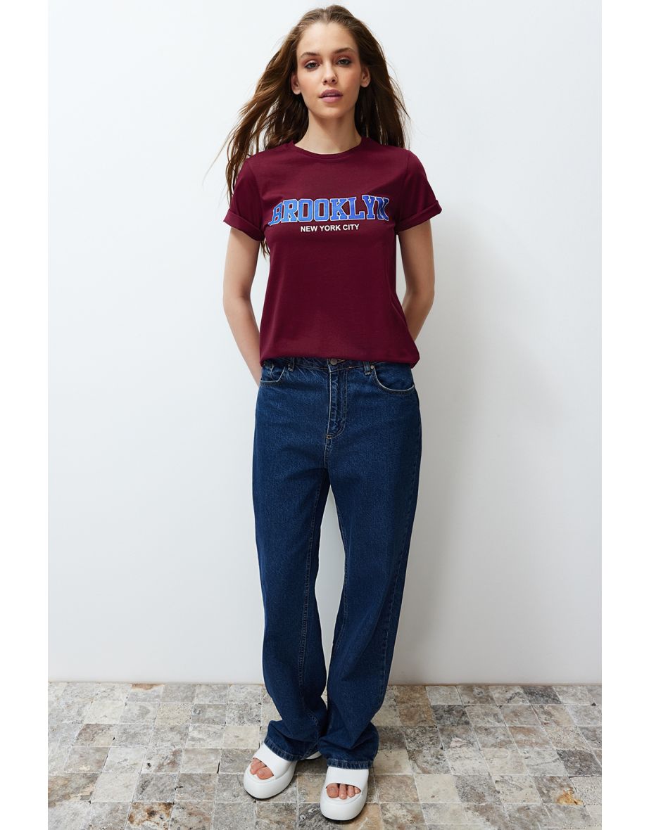 Burgundy 100% Cotton Motto Printed Regular/Regular Cut Knitted T-Shirt