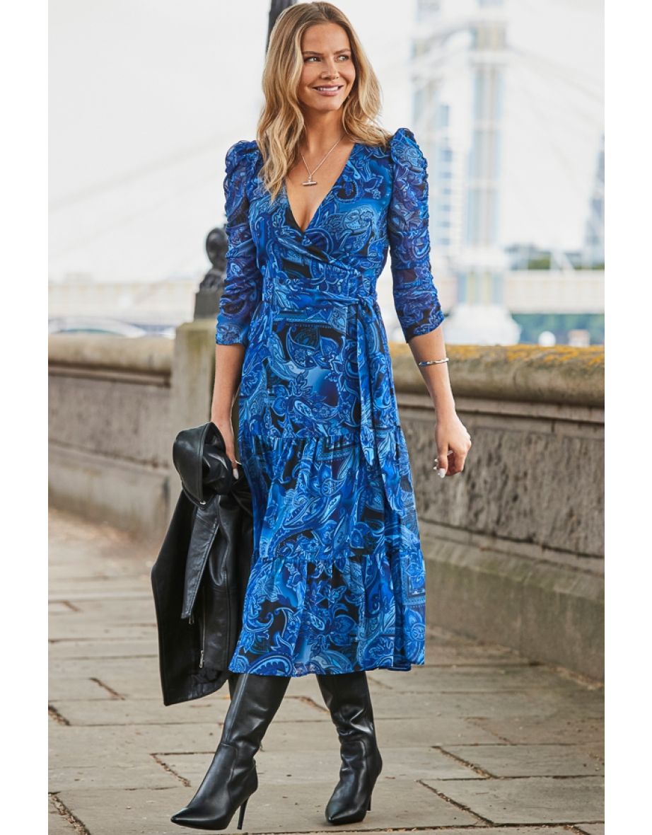Blue Paisley Print Wrap Midaxi Dress