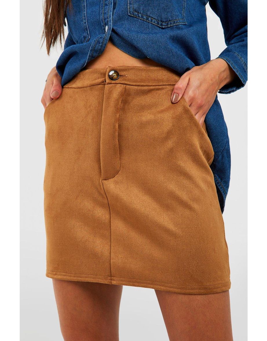 Scuba Suede High Waisted Mini Skirt - tan - 3