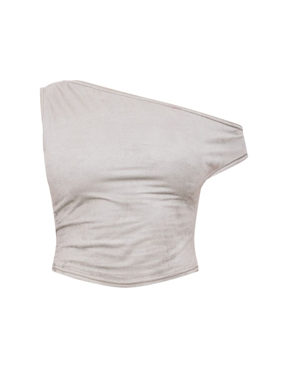 Light Khaki Faux Suede Asymmetric Crop Top - 4