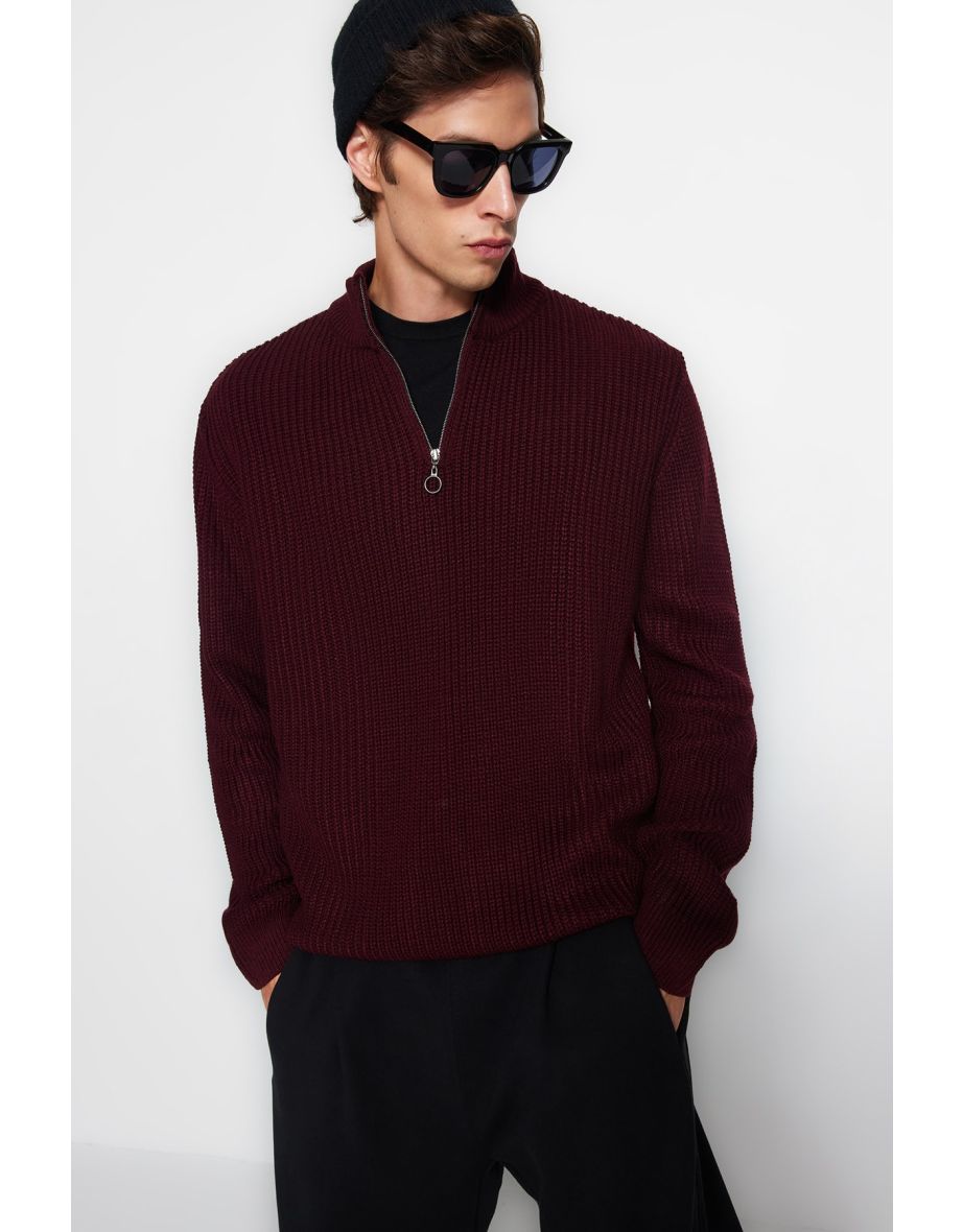 Burgundy Regular Fit Half Turtleneck Zipper Collar Sweater