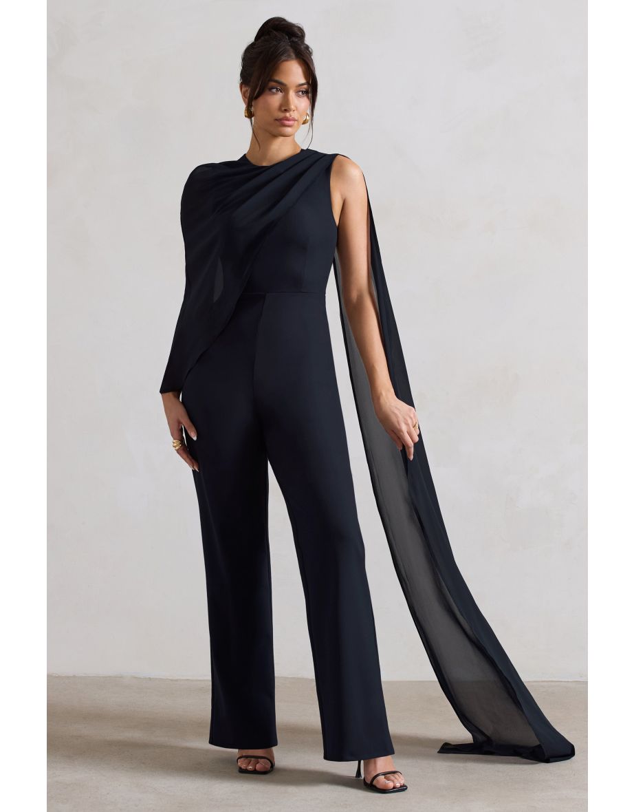 Malina | Navy Straight-Leg Jumpsuit With Chiffon Cape - 4