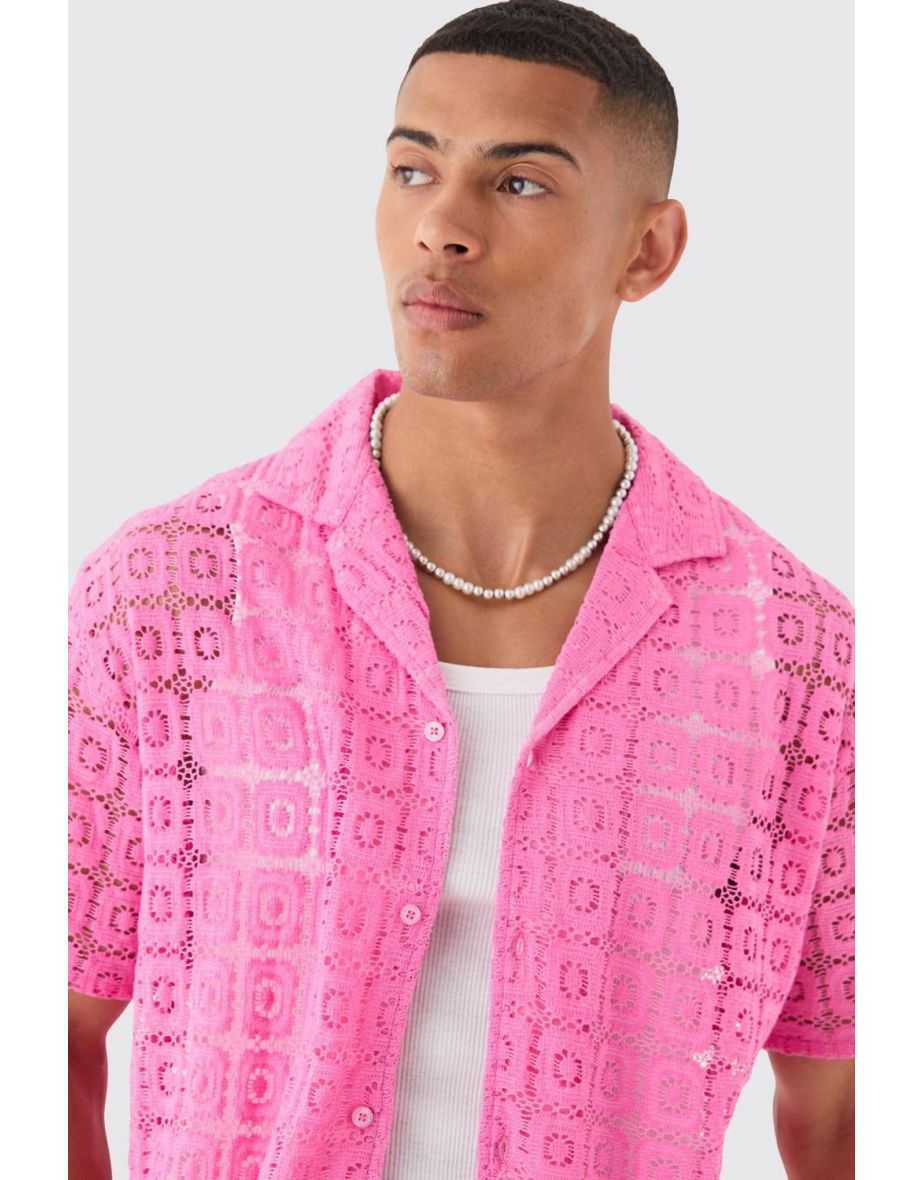 Oversized Open Weave Lace Shirt & Short - hot pink - 2