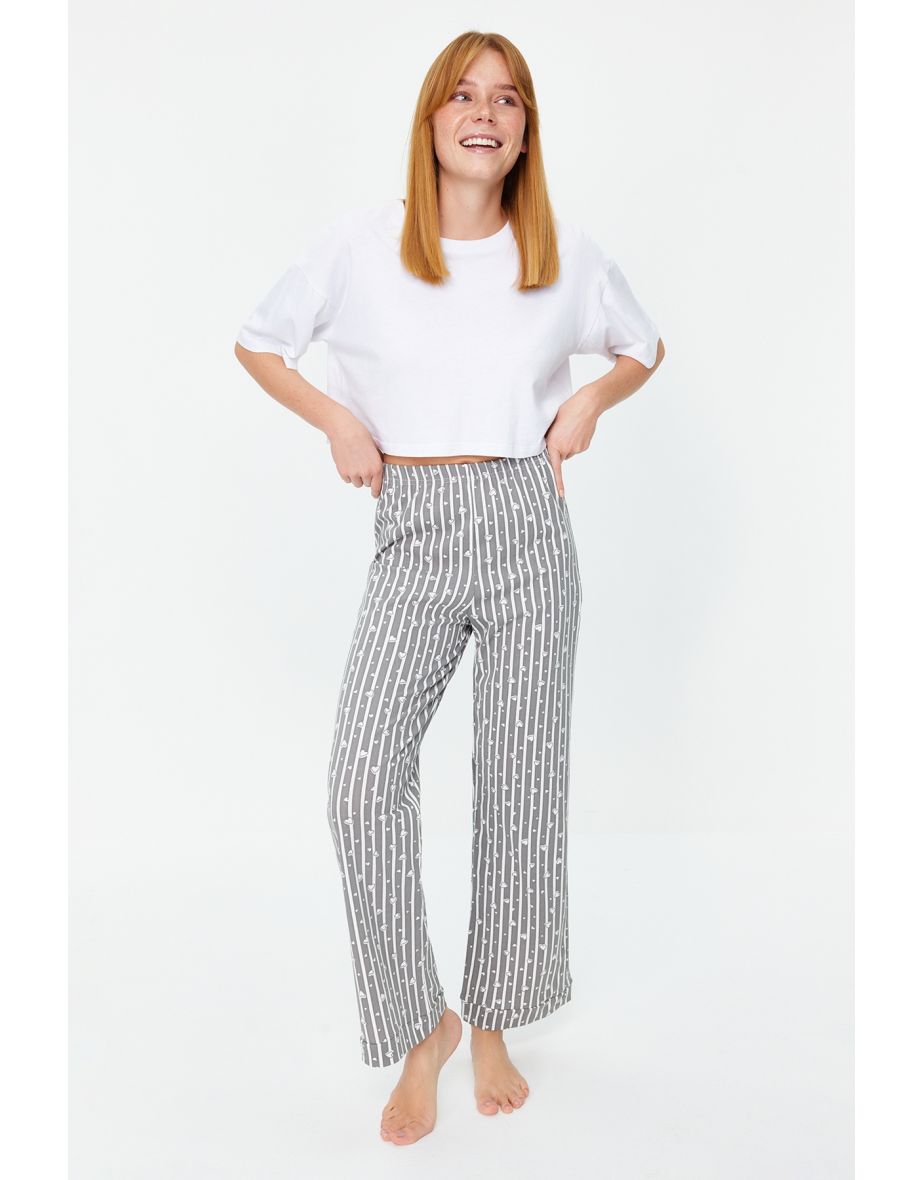 Anthracite Cotton Striped Knitted Pajama Bottoms