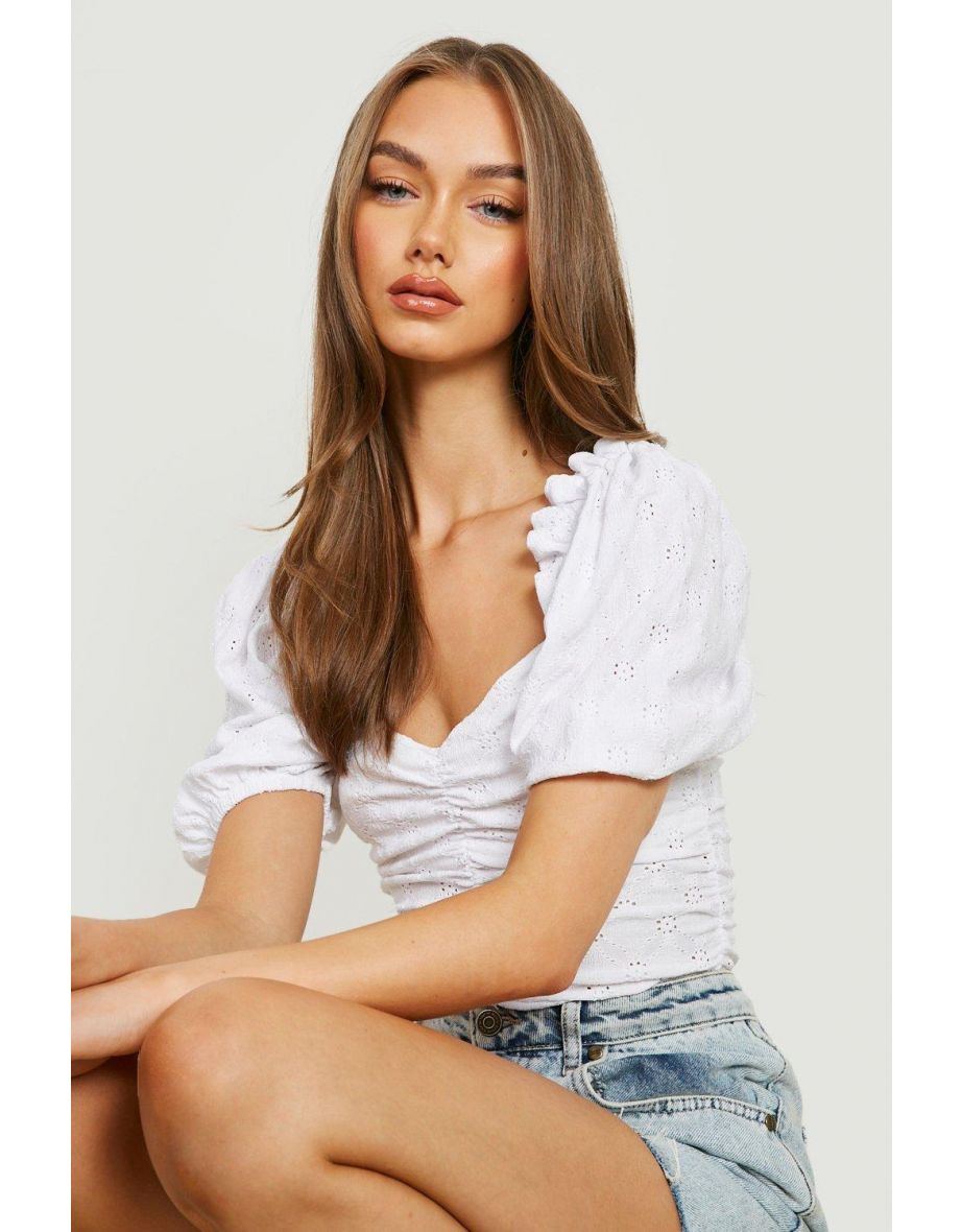 Lace Puff Sleeve Ruched Bodysuit - white